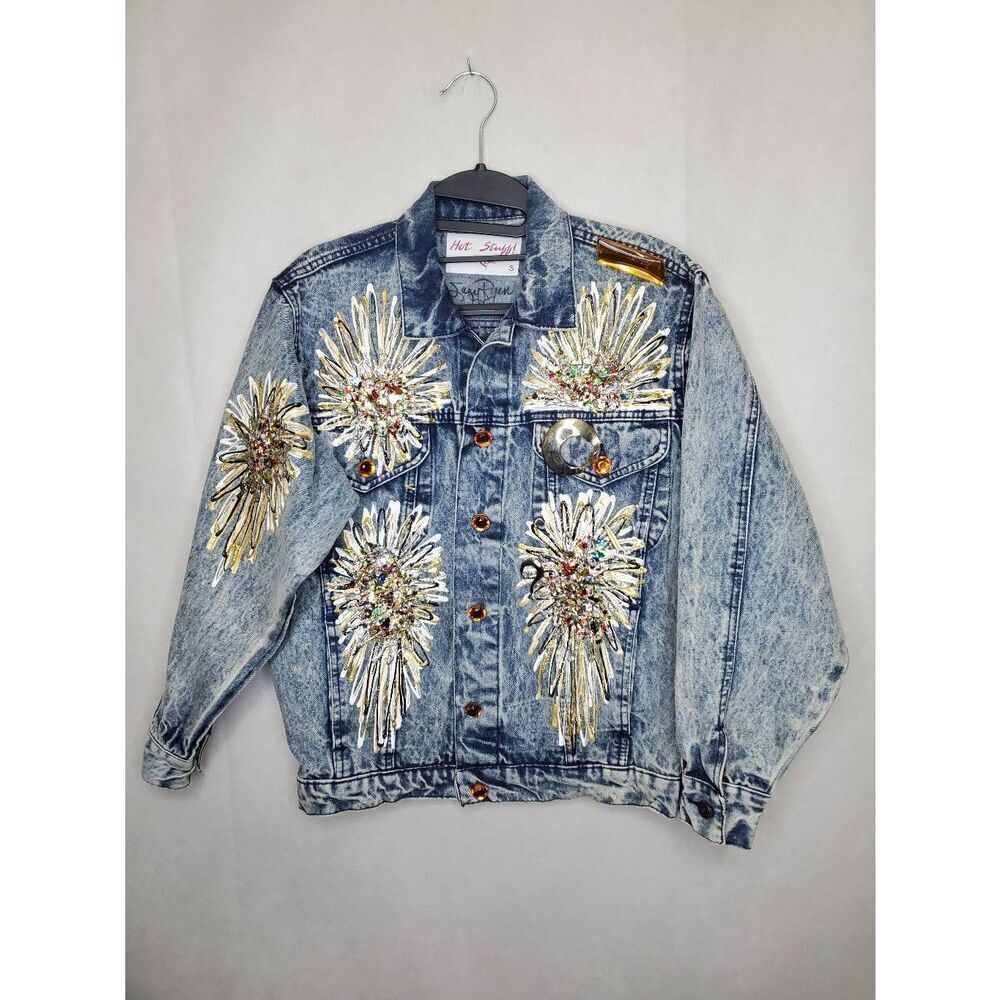 Hot Stuff by Suzy Ryan Signed Art To Wear Sunflower Embellished Denim Jacket
